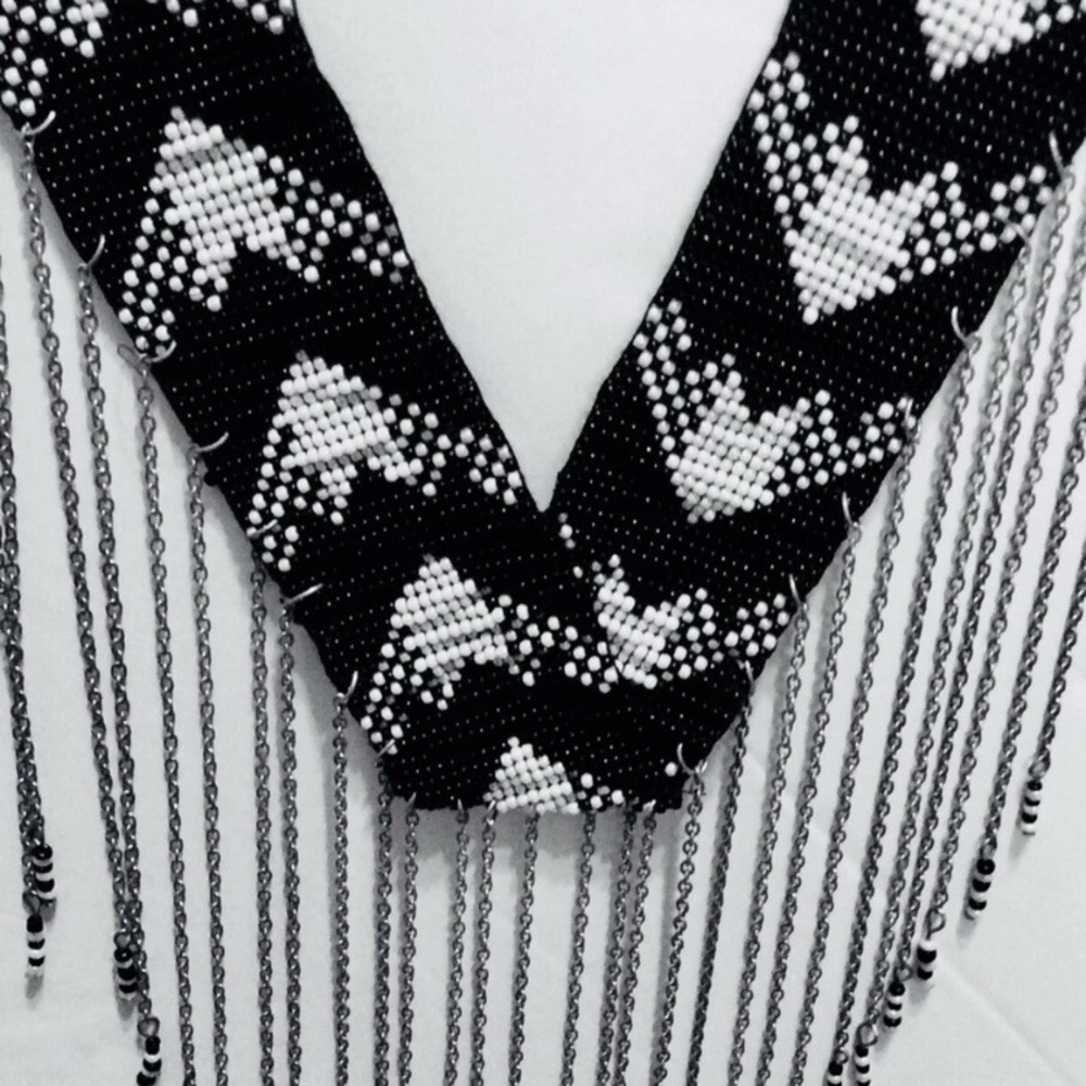 Earthbound Black and White Beaded Necklace with Fringe